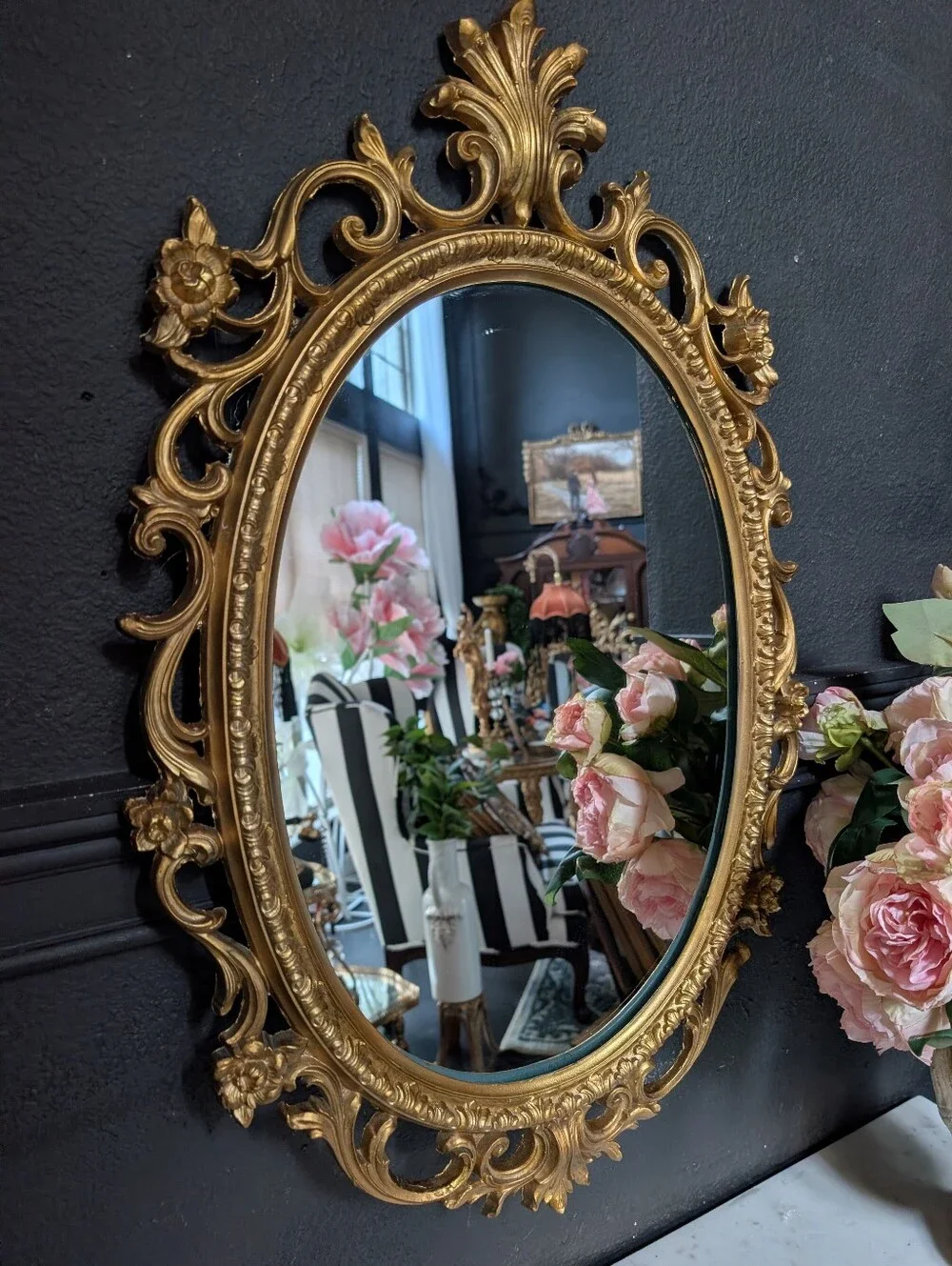 Vintage Ornate Gold Oval Rococo Style Wall Mirror, 28